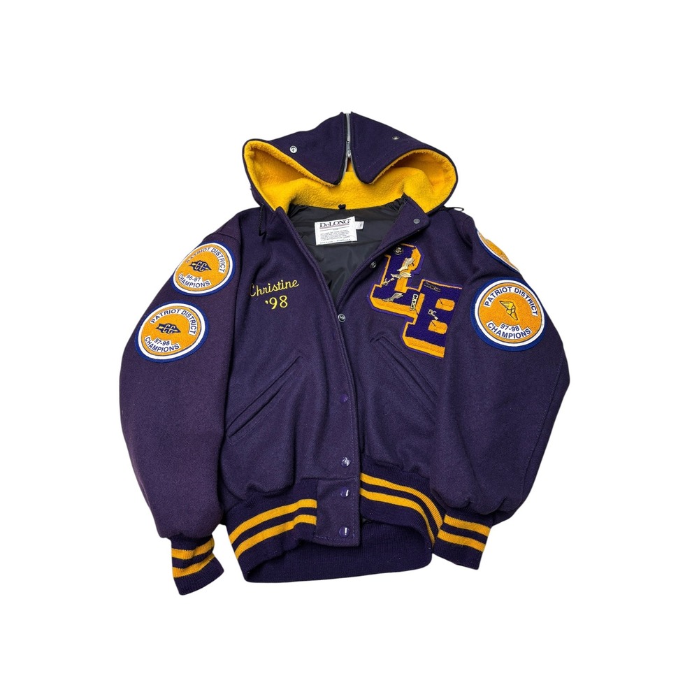 Vintage DeLONG Varsity Jacket Purple Wool Yellow Hood Patriot District USA Men S